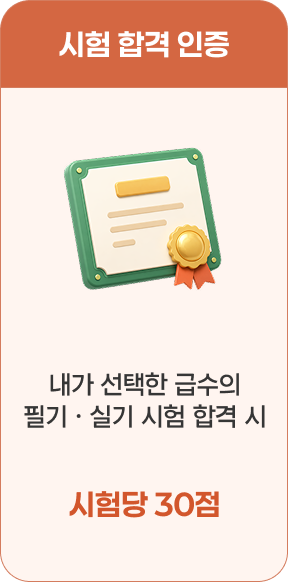 시험 합격 인증 - 내가 선택한 급수의 필기 · 실기 시험 합격 시 시험당 30점
